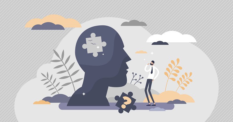 Memory loss as brain amnesia problem and thoughts forget tiny persons concept. Medical issue symbolic scene with missing puzzle piece in head vector illustration. Mental fogginess patient examination.