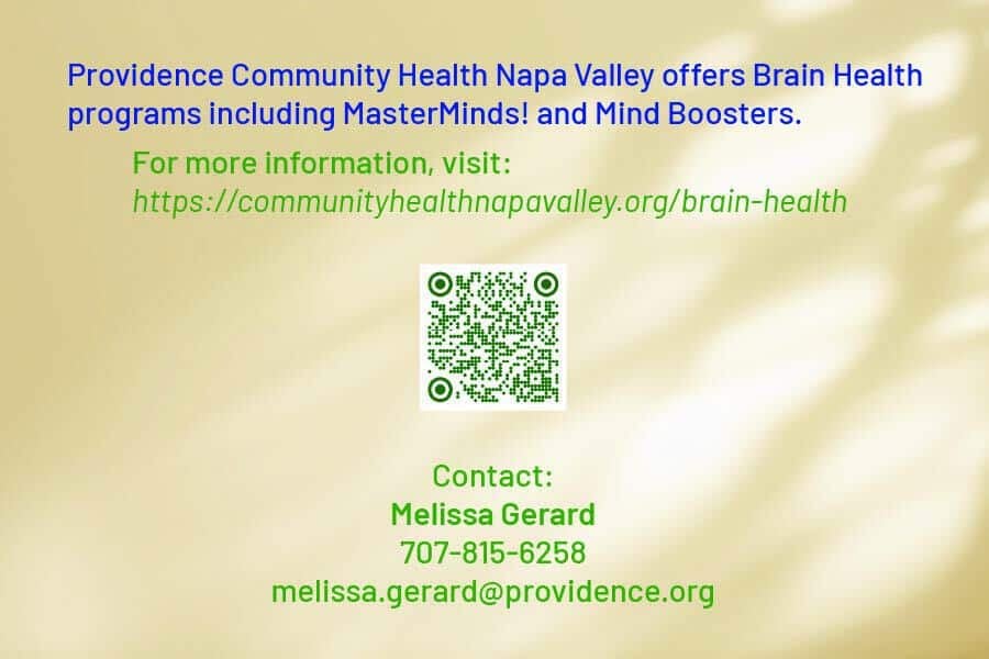 Promotional flyer for brain health programs with a QR code; provides contact Melissa Gerard, phone 707-815-6258 and emailMelissa.Gerard@ Providence.org.