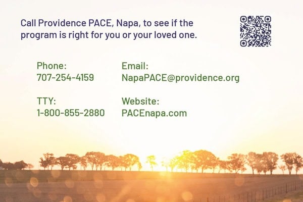 Providence PACE Napa contact info with phone, TTY, email, website, and a QR code on a sunset field background.