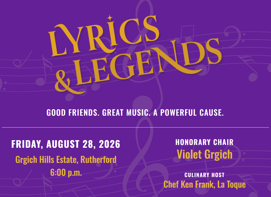 Poster for 'Lyrics & Legends' event with purple background and yellow text; subtitle reads 'Good friends. Great music. A powerful cause.'